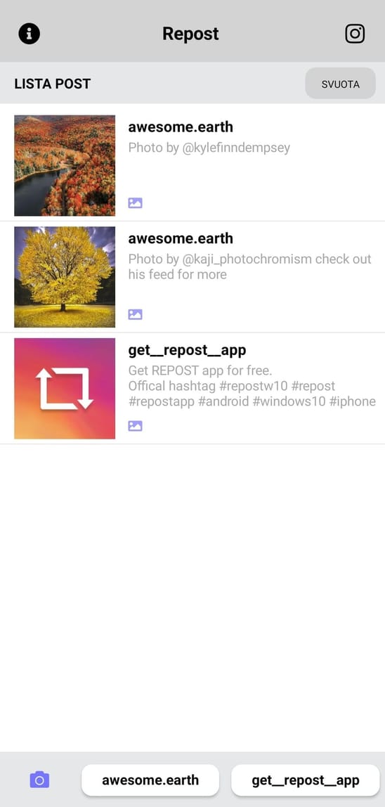 Repost app interface showing Instagram and TikTok repost features